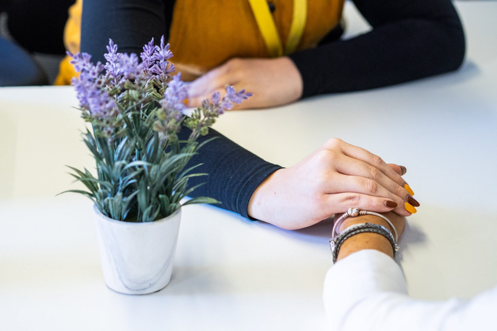 Two people holding hands across a white table. Next to them is a pot of purple flowers.