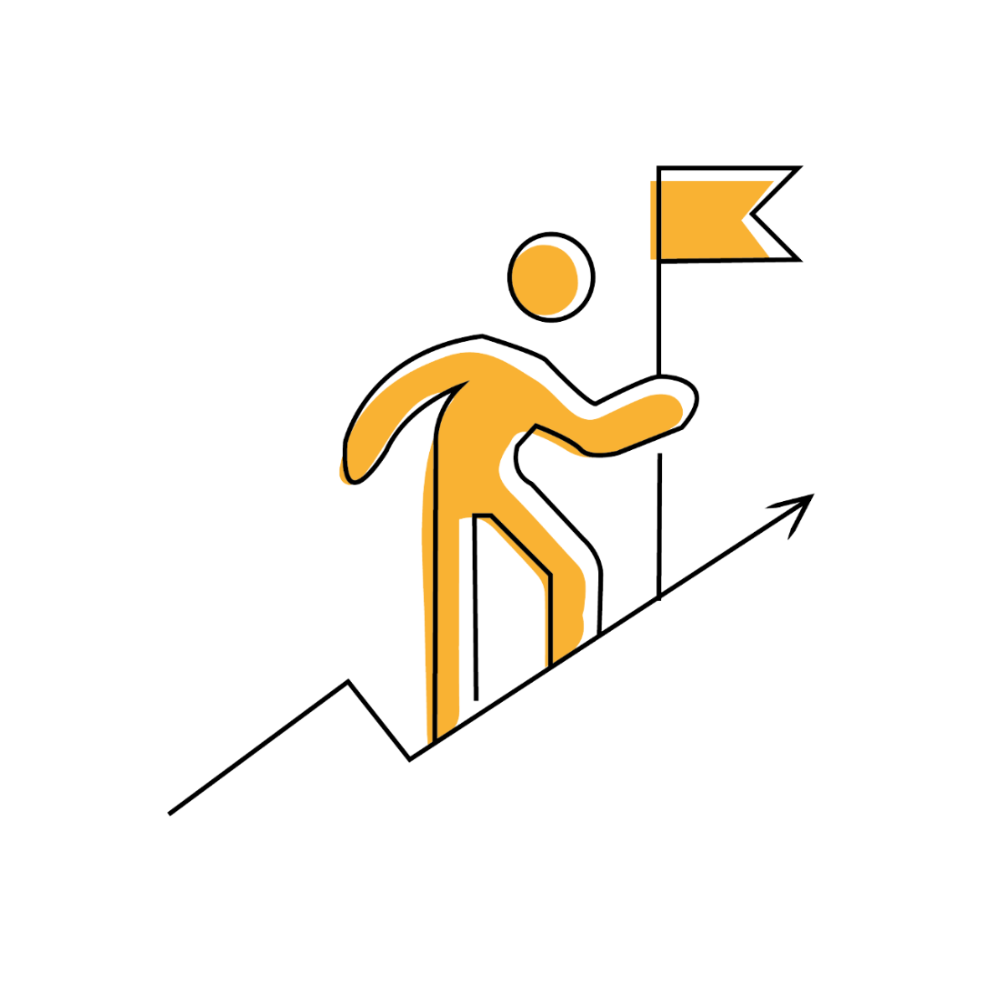 Yellow person icon holding a yellow flag. It is standing on an arrow that is pointing up and to the right.