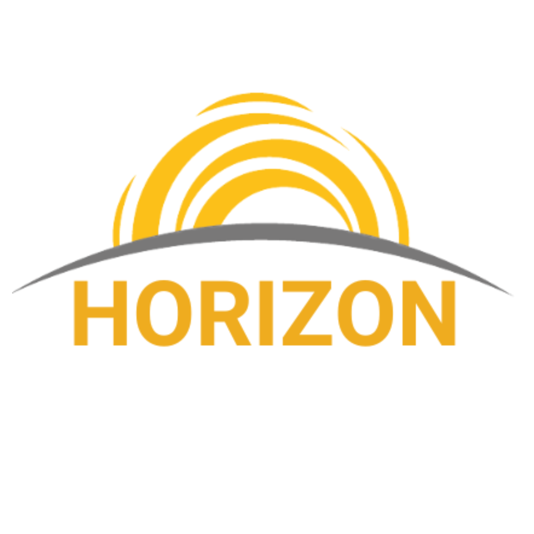 The words 'Horizon' in yellow. A grey curved line sits above it, and, above that, is a drawing of a rising sun.