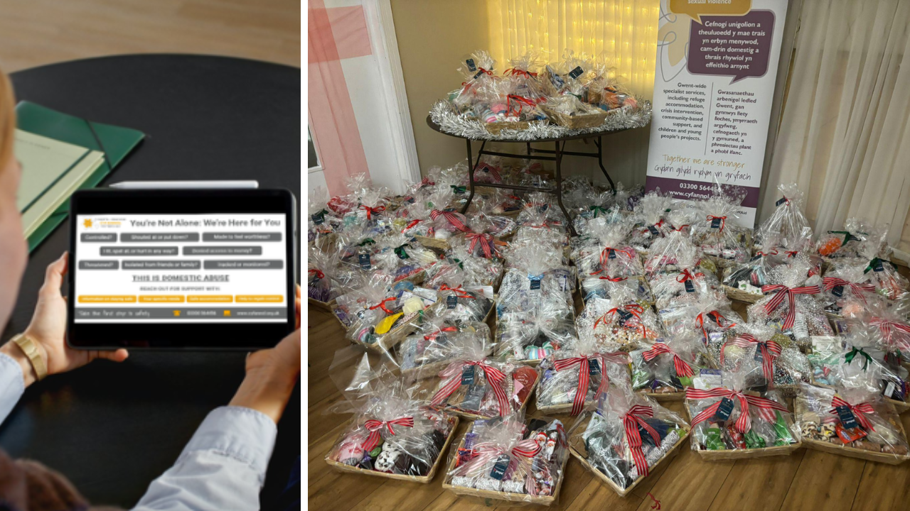 Two images: the first shows a woman holding a tablet displaying an advert for Cyfannol services, including examples of situations where support may be needed, supported by Leap, along with contact information. The second shows a selection of festive hampers filled with self-care items.